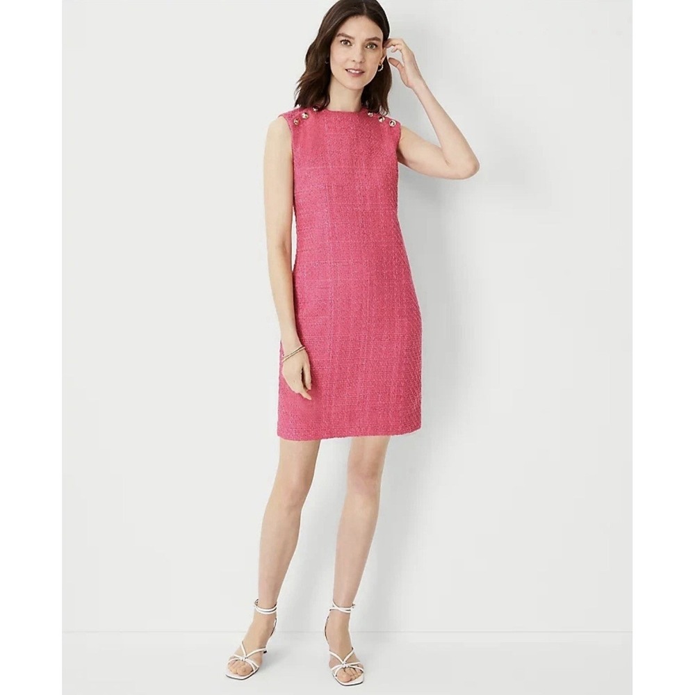 Ann Taylor Women's Pink Tweed Shoulder Button Shift Dress Sleeveless Size 2‎ NEW